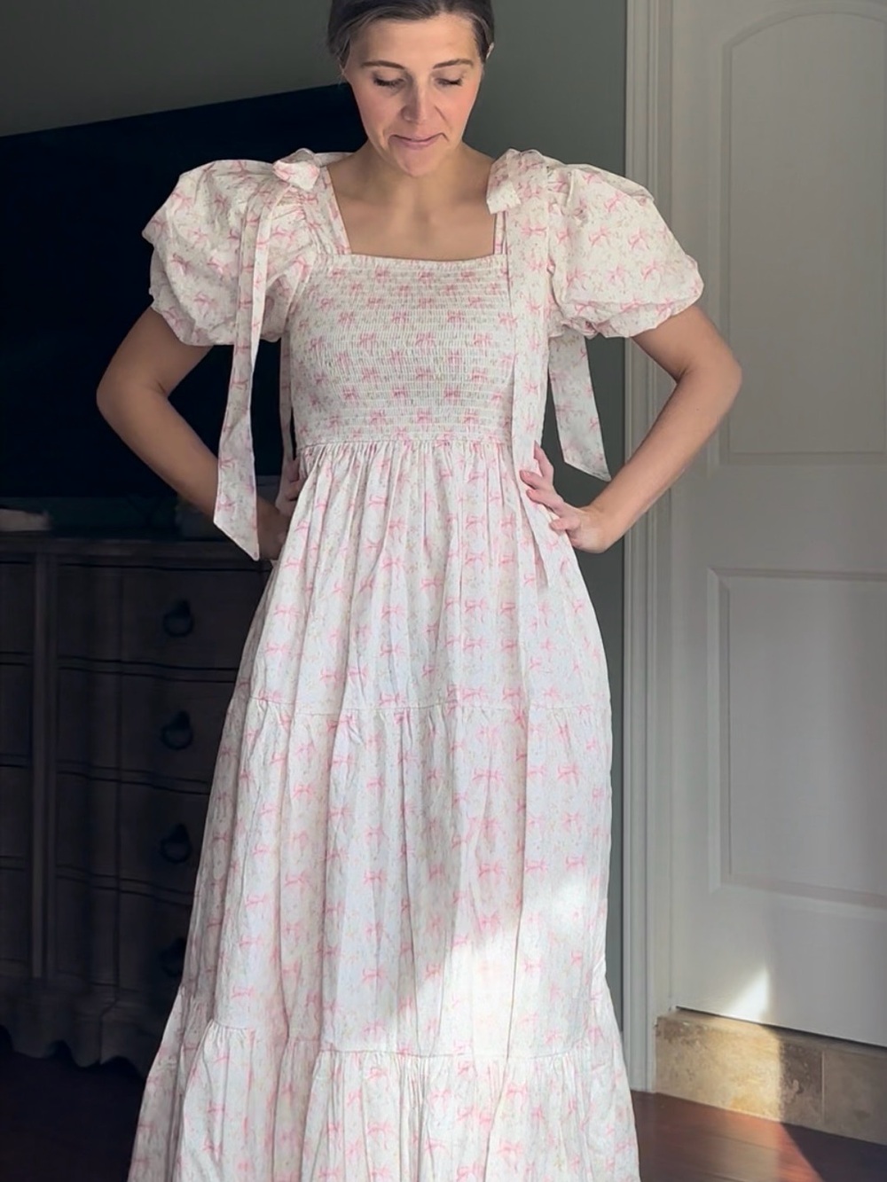 Cottage Core Smocked Square-Neck Pink Floral Maxi Dress with Puff Sleeves